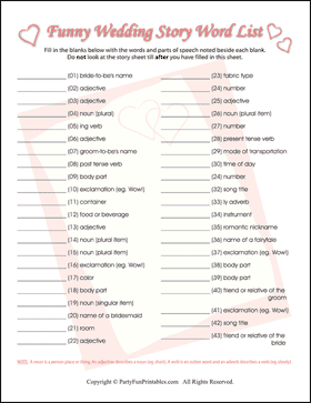 Bridal Shower Mad Libs style game