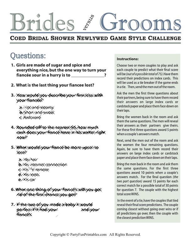 Coed Bridal Shower Newlywed Game