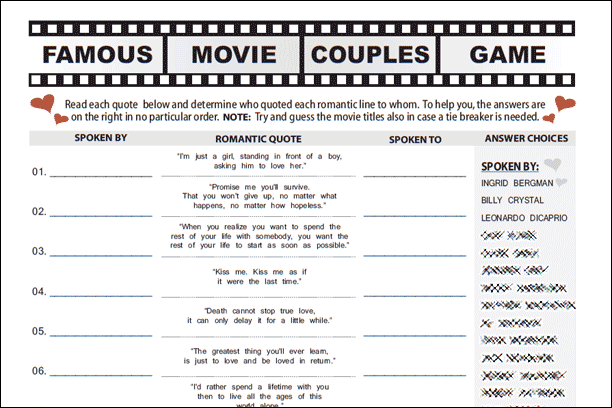Famous Movie Couples Game