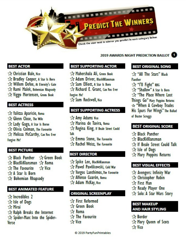 Predict the Oscar Winners - 2019 Printable Oscars Game