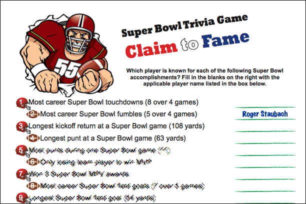 Super Bowl Trivia Challenge Printout